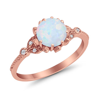 Art Deco Design Fashion Ring Rose Tone, Lab Created White Opal 925 Sterling Silver